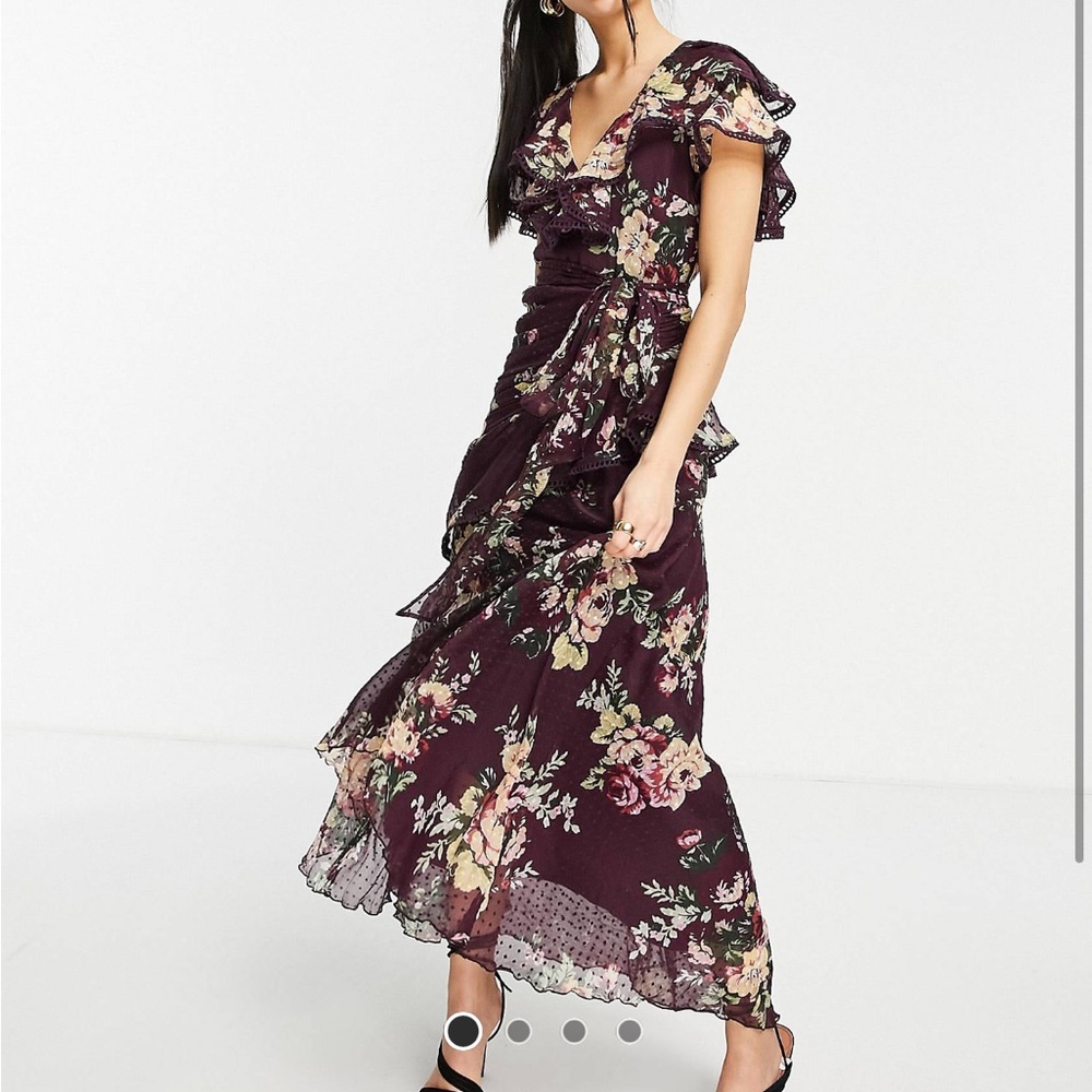ASOS DESIGN drape detail midi dress in chiffon with tie in berry floral print